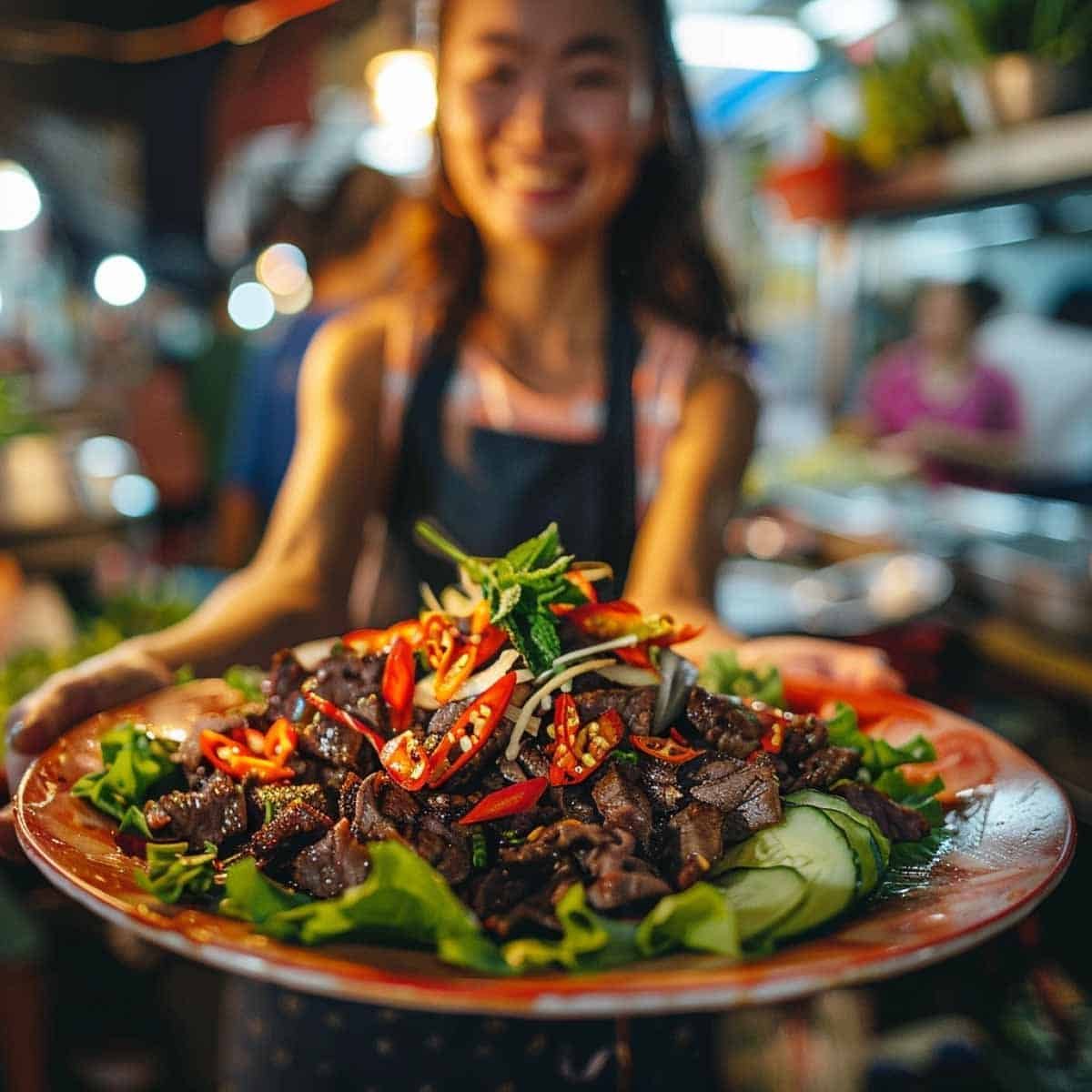 Woman serving Thai Beef Salad Nam Tok at a bustling Thai night market.