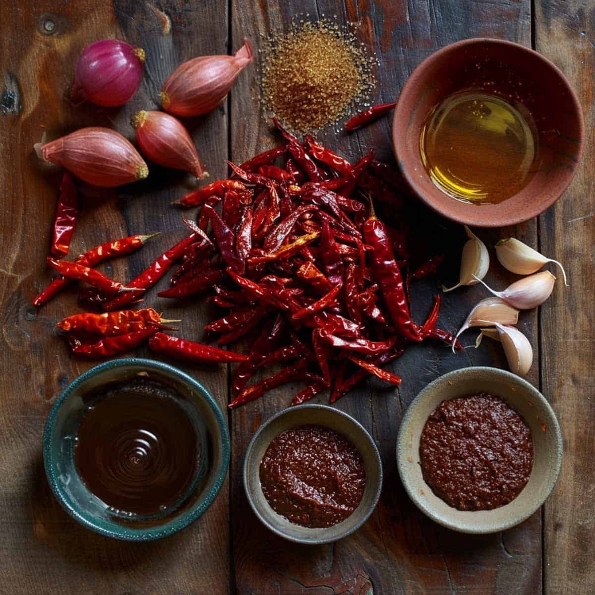 Ingredients for Nam Prik Pao aThai Chili Paste are displayed on a rustic table: vibrant chilies, shallots, garlic, tamarind, shrimp paste, palm sugar, and fish sauce.