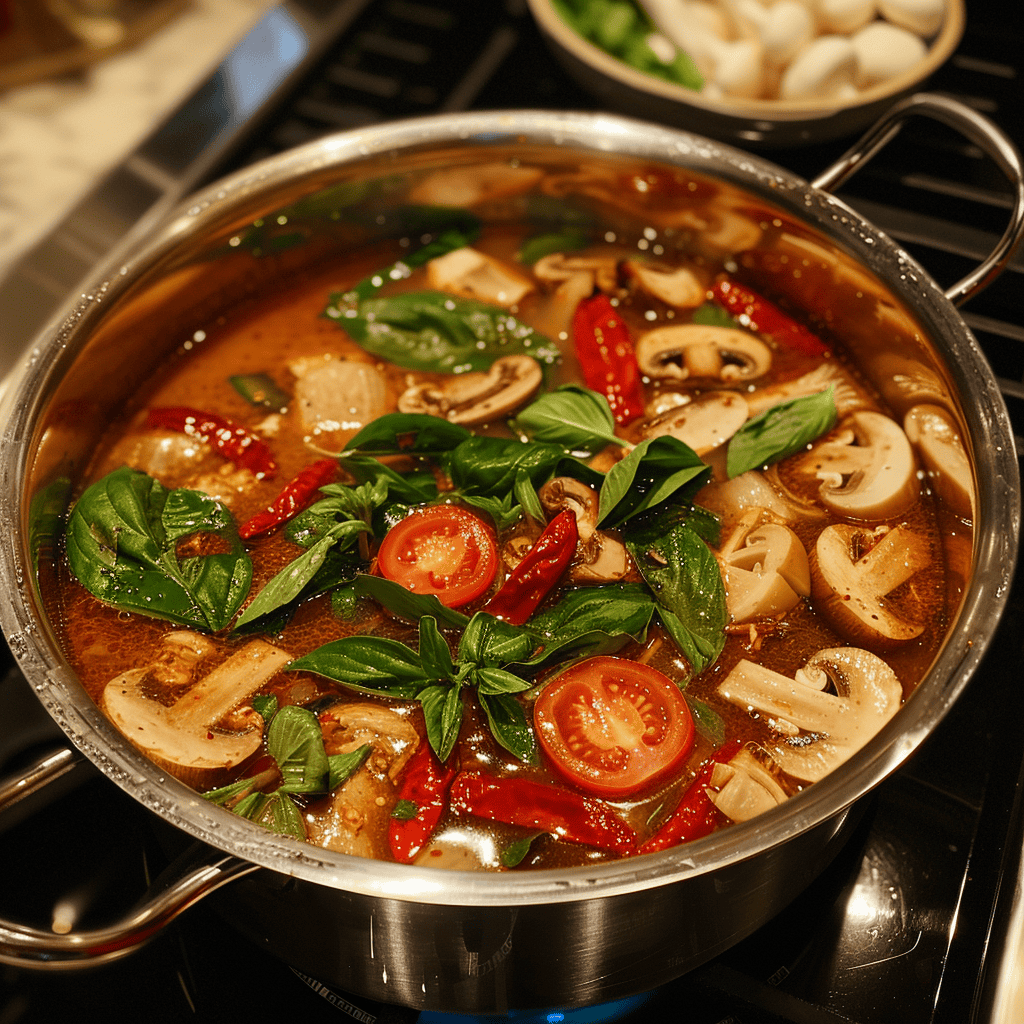 Adding sliced mushrooms and halved cherry tomatoes to simmering stock in a pot