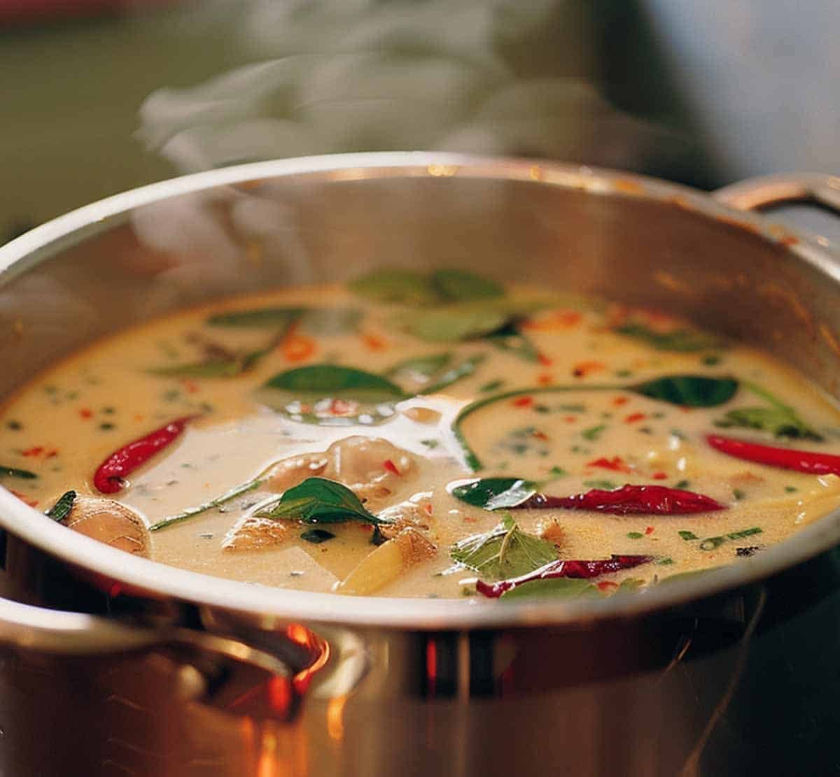 Cooking a pot of Thai Coconut Chicken Soup (Tom Kha Gai) with simmering coconut milk, chicken, mushrooms, and fresh herbs