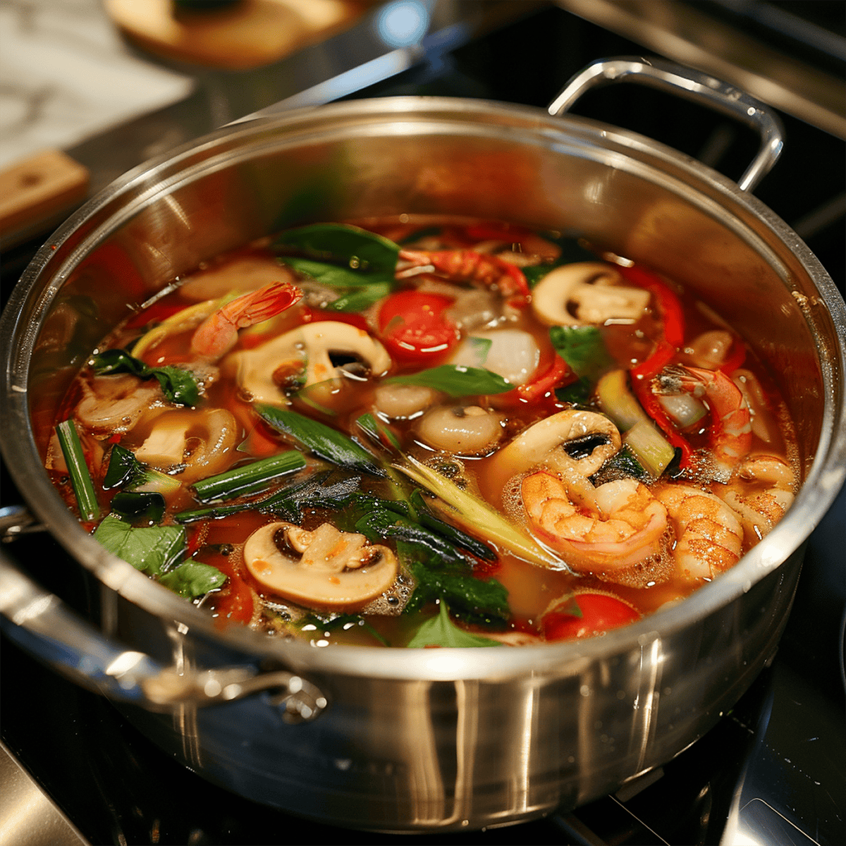 Adding raw shrimp to simmering broth in a cooking pot on the stove.