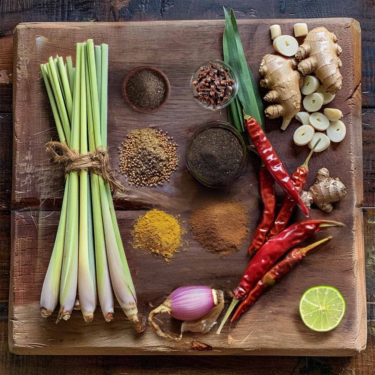 Fresh ingredients displayed for homemade Massaman Curry Paste recipe , including lemongrass, galangal, spices, and herbs arranged on a wooden surface