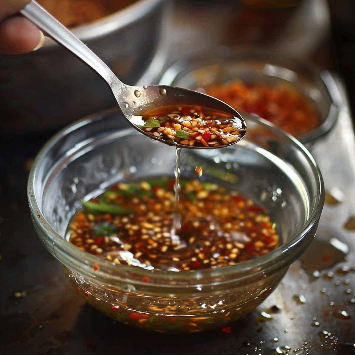 Mixing dressing for Nam Tok: combining fish sauce, lime juice, sugar, and chili flakes in a bowl