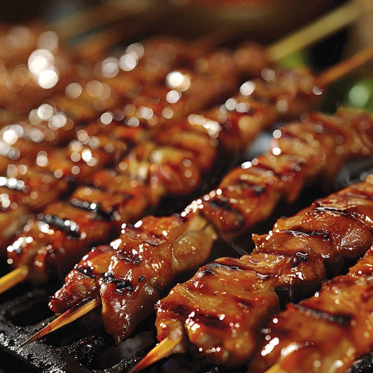 Grilled chicken skewers with a golden-brown crust, served hot and ready to eat