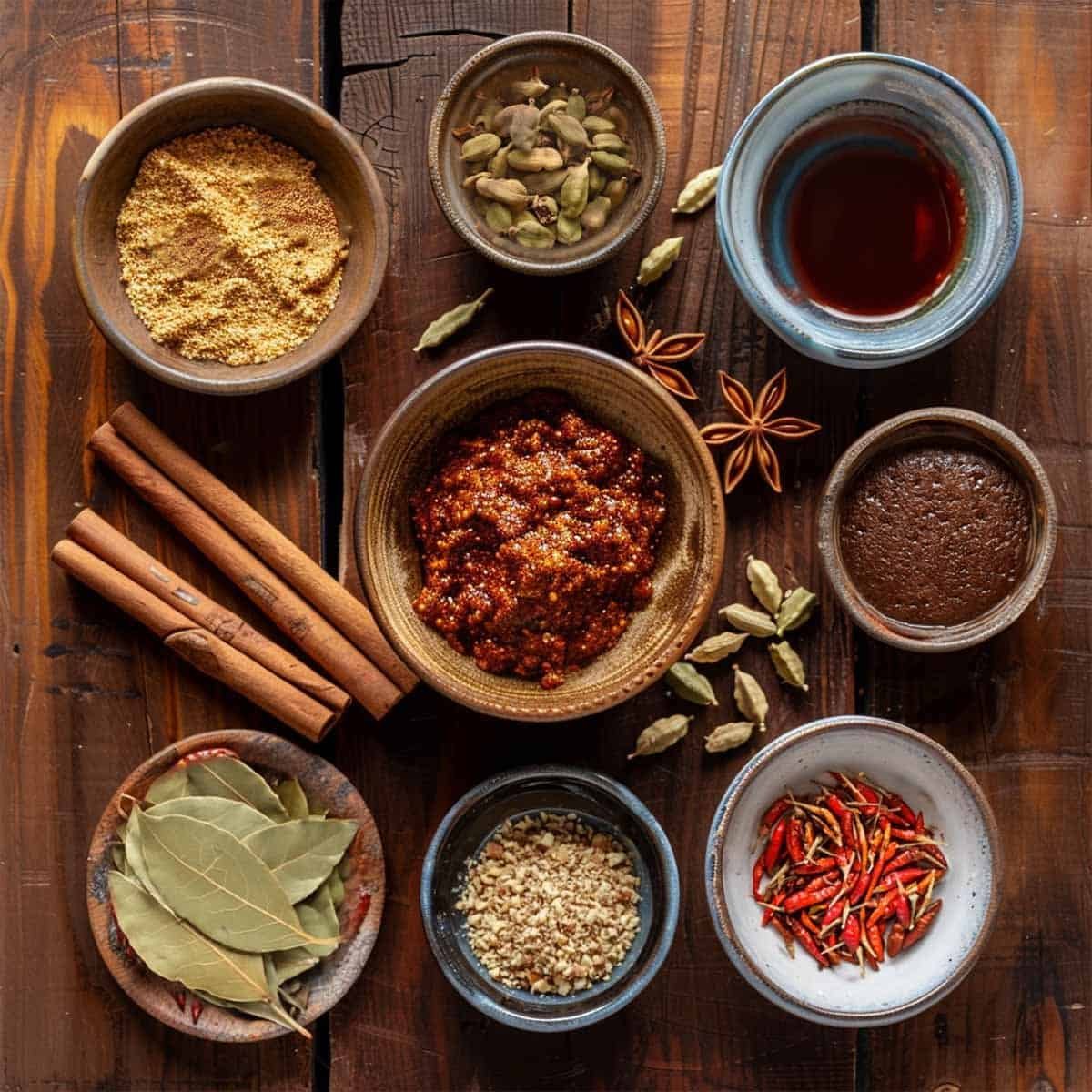 Assorted spices for Beef Massaman Curry recipe arranged on a plate