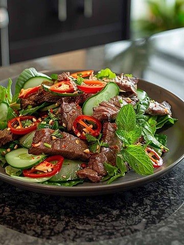 Plate of Thai Beef Salad Nam Tok, showcasing sliced grilled beef mixed with fresh herbs and zesty dressing."