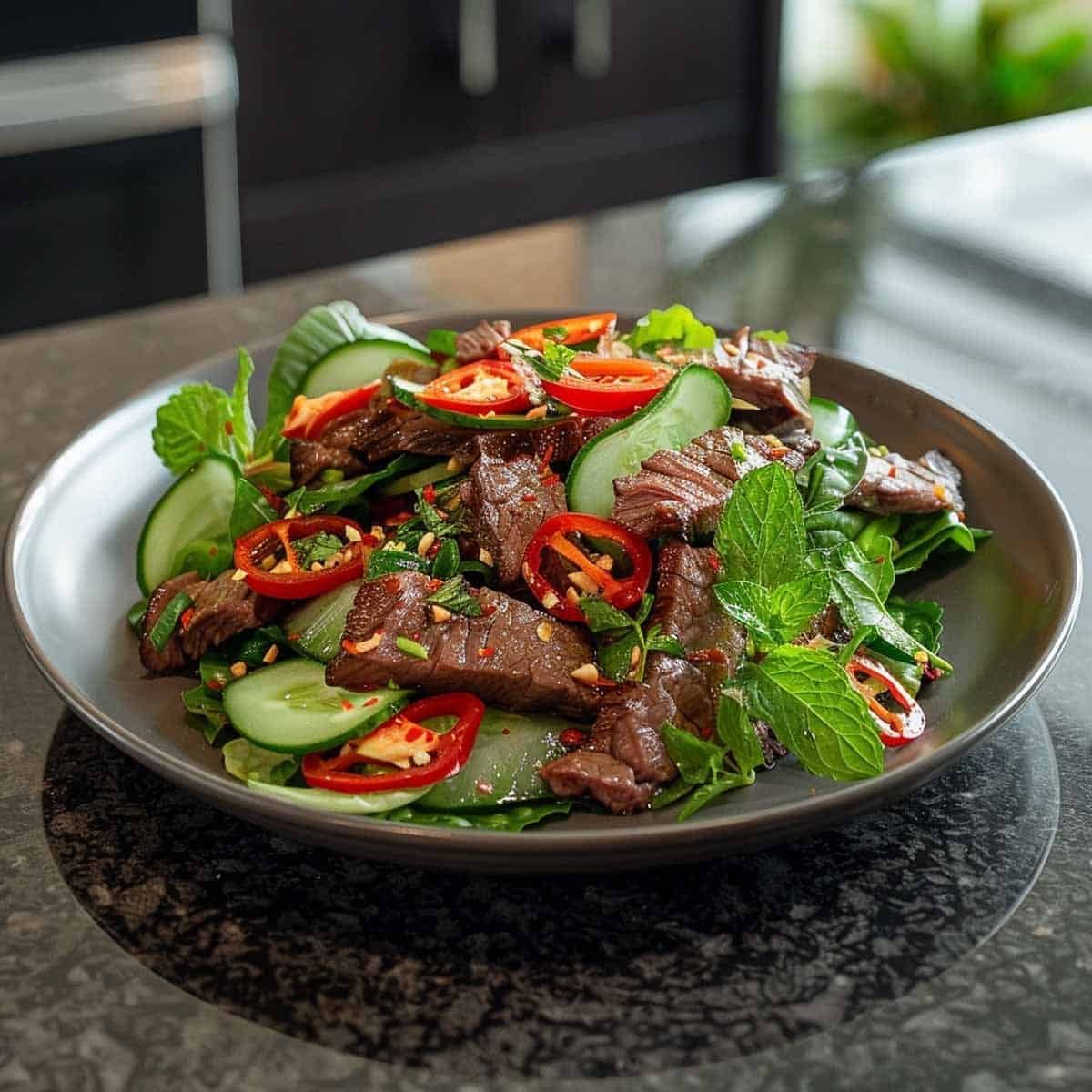 Plate of Thai Beef Salad Nam Tok, showcasing sliced grilled beef mixed with fresh herbs and zesty dressing."