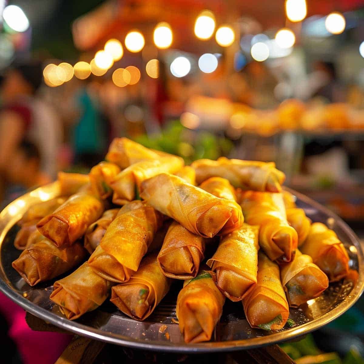 A plate of golden-brown Fried Thai Spring Rolls (Por Pia Tod), filled with a savory mixture of vegetables and meat. The rolls are arranged neatly on a  plate,