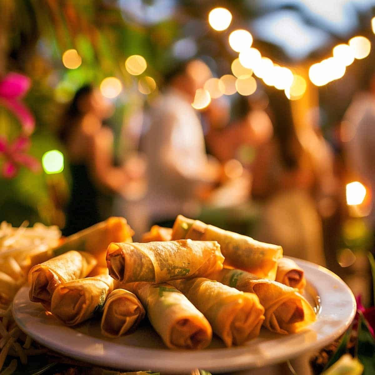 Thai Freid Spring rolls Also Known at Por Pia Tod being served at a party