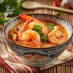 Bowl of Tom Yum Goong topped with shrimp in an ornate Asian bowl, sitting on a silk napkin and bamboo placemat.