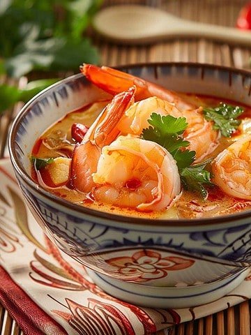 Bowl of Tom Yum Goong topped with shrimp in an ornate Asian bowl, sitting on a silk napkin and bamboo placemat.