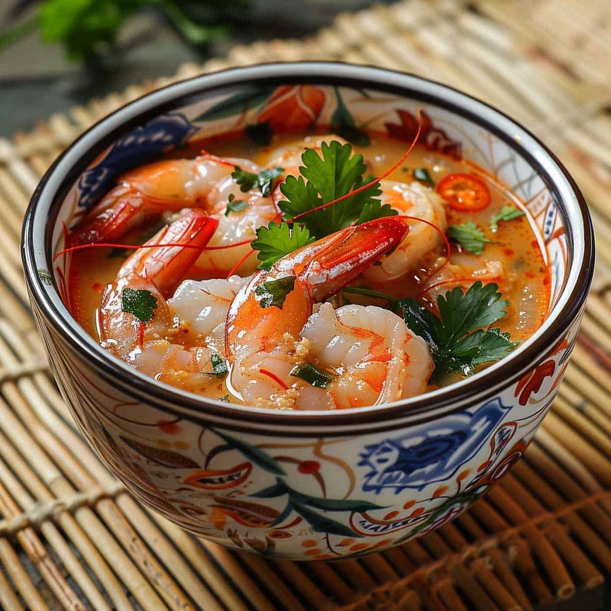 bowl of Tom Yum Goong Thai hot and sour shrimp soup with shrimp, mushrooms, tomatoes, and herbs in a spicy broth