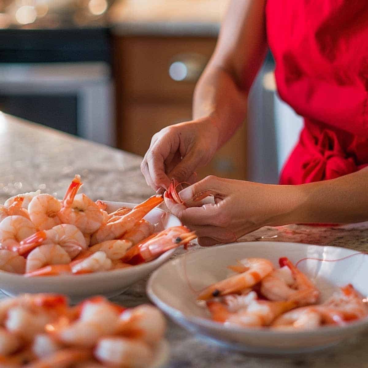 Woman peeling and deveining shrimp on a kitchen counter, with tools and bowl visible