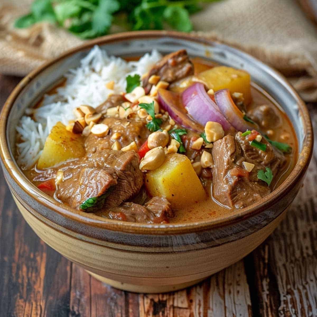 Beef Massaman Curry served in a bowl with jasmine rice, garnished with fresh herbs