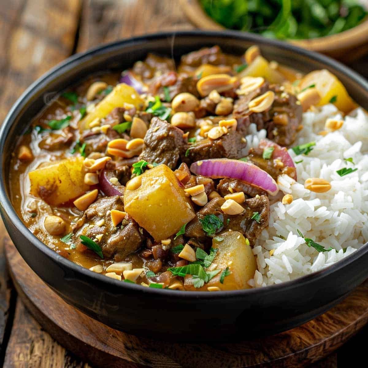 Bowl of Massaman Curry served with jasmine rice on a wooden table