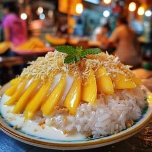 Plate of mango sticky rice: coconut sticky rice with ripe mango slices, garnished with sesame seeds and a drizzle of coconut sauce.