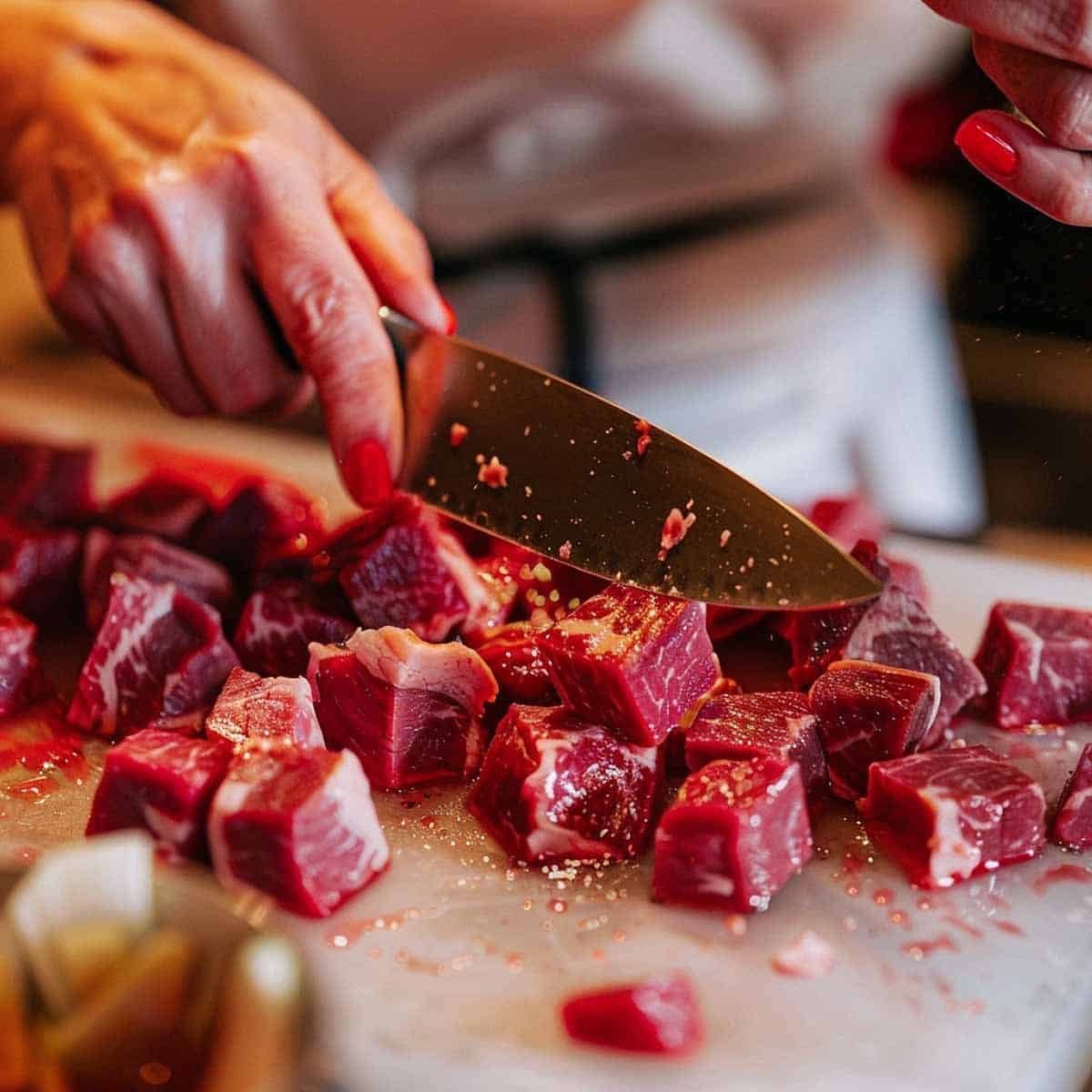 Cutting beef into cubes for Beef Massaman Curry recipe