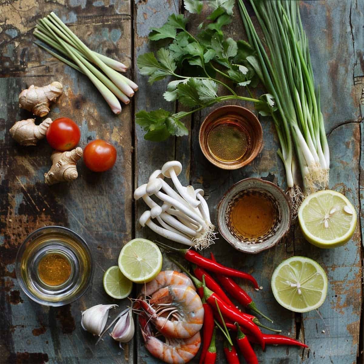 ingredients for Thai hot and sour shrimp soup Tom Yum Goong includingshrimp, lemongrass, lime leaves, ginger, fish sauce, lime juice, Thai bird chilies, mushrooms, cherry tomatoes, and chili paste on a wooden table.