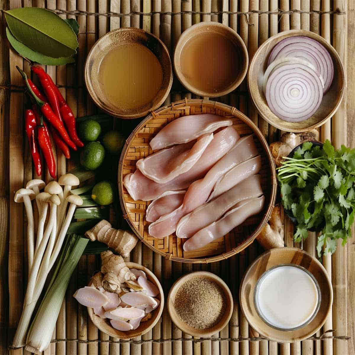 Ingredients for Thai Coconut Chicken Soup (Tom Kha Gai) laid out for a recipe, including coconut milk, chicken, mushrooms, lemongrass, galangal, kaffir lime leaves, and chilies