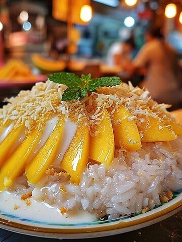 Plate of mango sticky rice: coconut sticky rice with ripe mango slices, garnished with sesame seeds and a drizzle of coconut sauce.
