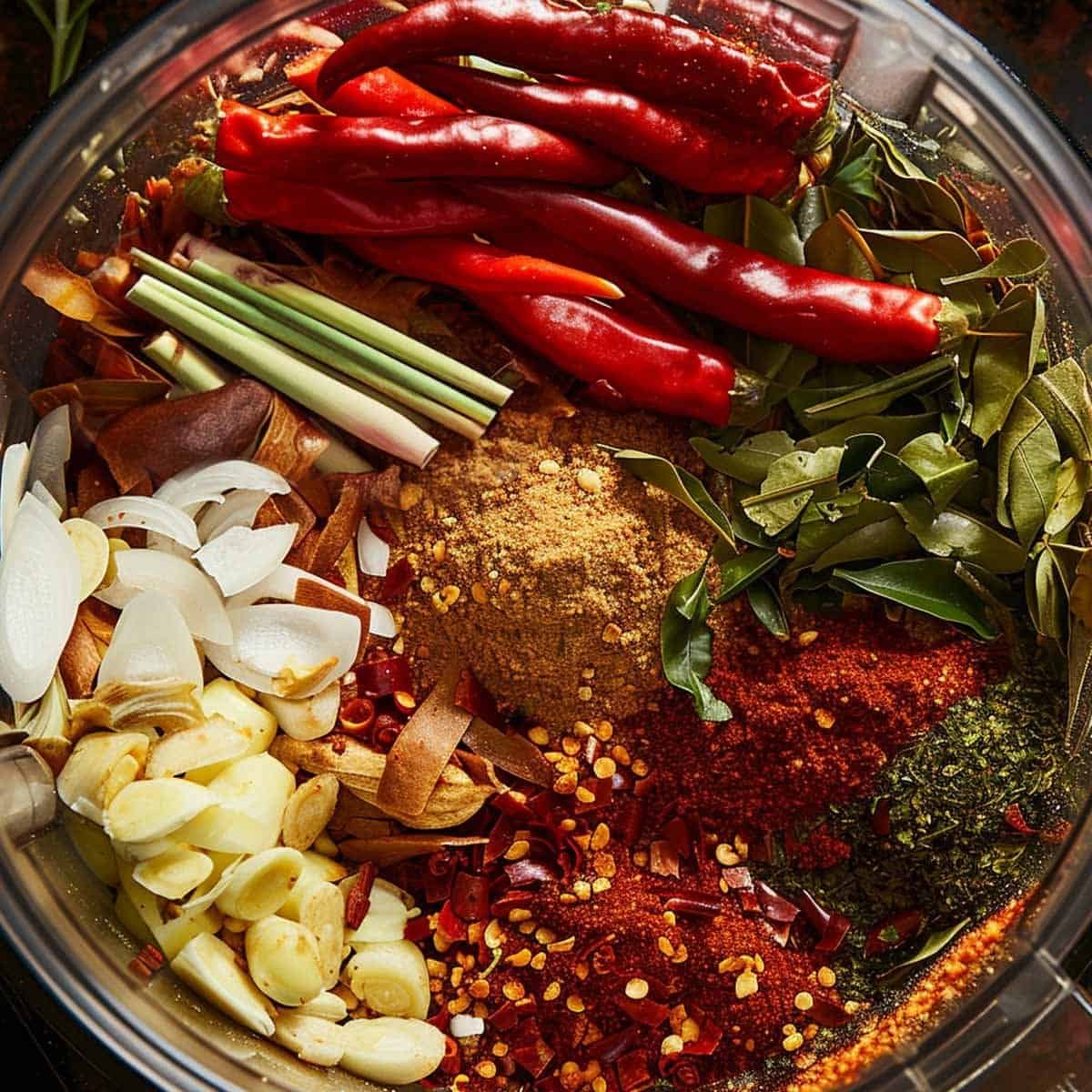 Fresh ingredients for Massaman Curry Paste recipe added to a food processor, including lemongrass, galangal, and various spices.