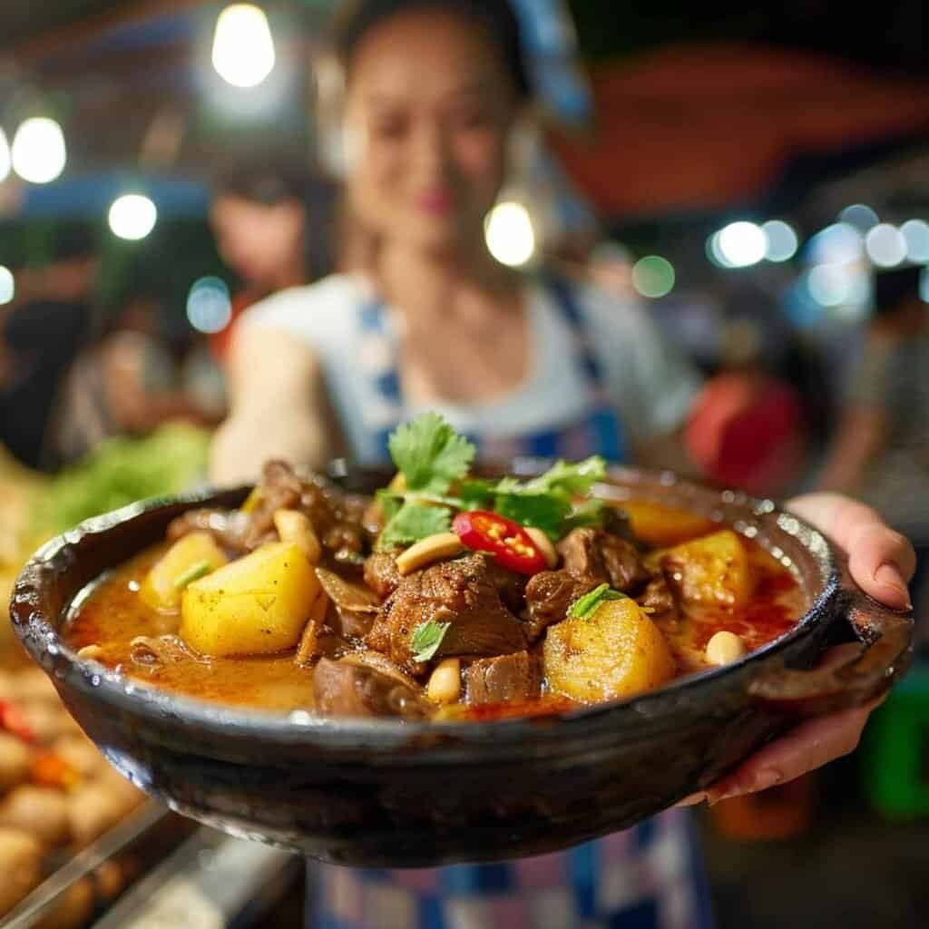 Woman at a Thai night market holding a bowl of Beef Massaman Curry