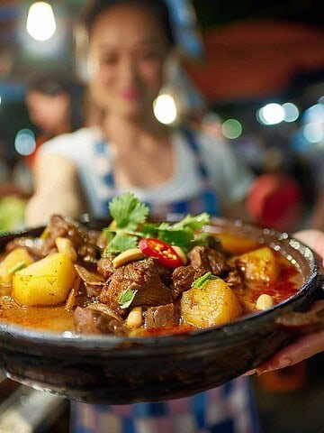 Woman at a Thai night market holding a bowl of Beef Massaman Curry