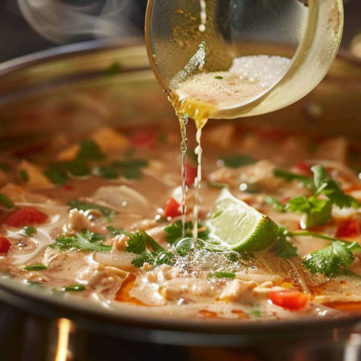 Adding spices to a pot of Thai Coconut Chicken Soup (Tom Kha Gai) with simmering coconut milk, chicken, mushrooms, and fresh herbs.