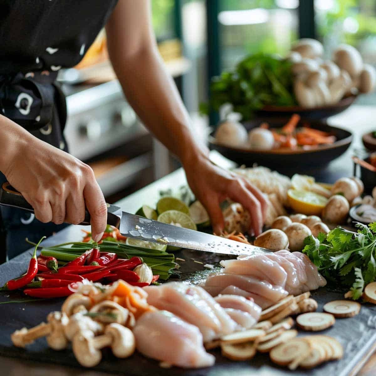 Preparing chicken for Thai Coconut Chicken Soup (Tom Kha Gai), with sliced chicken pieces, fresh herbs, and spices on a cutting board