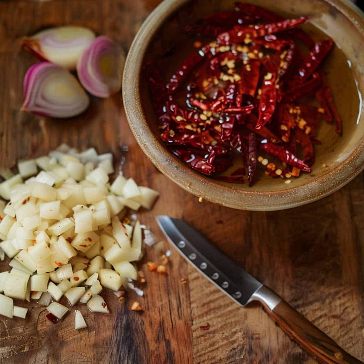 Dried chili peppers soak in a bowl next to freshly cut shallots, set for making Nam Prik Pao, a Thai chili paste.