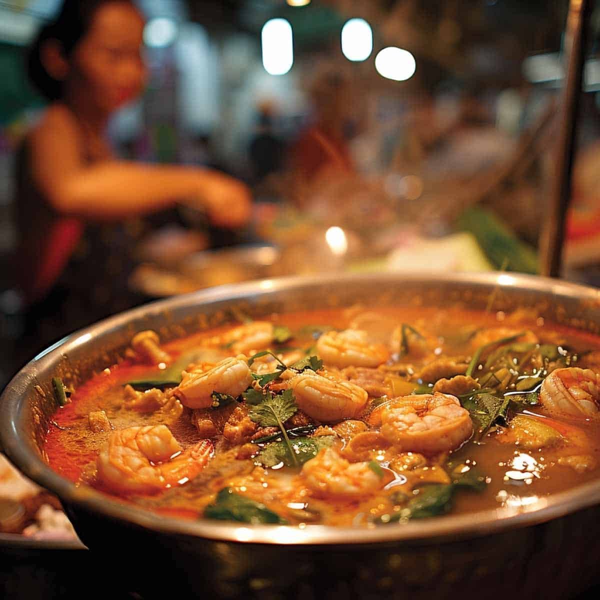 Bowl of Tom Yum Goong Thai hot and sour shrimp soup being served at a bustling night market, filled with shrimp, mushrooms, and herbs