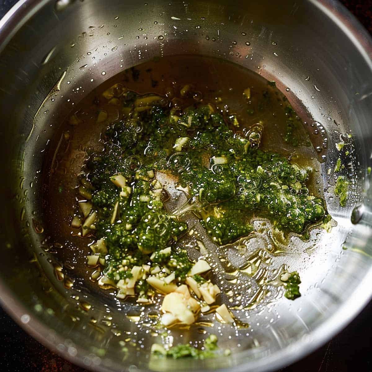 Heating vegetable oil in a large pan over medium heat. Adding minced garlic, ginger, and green curry paste