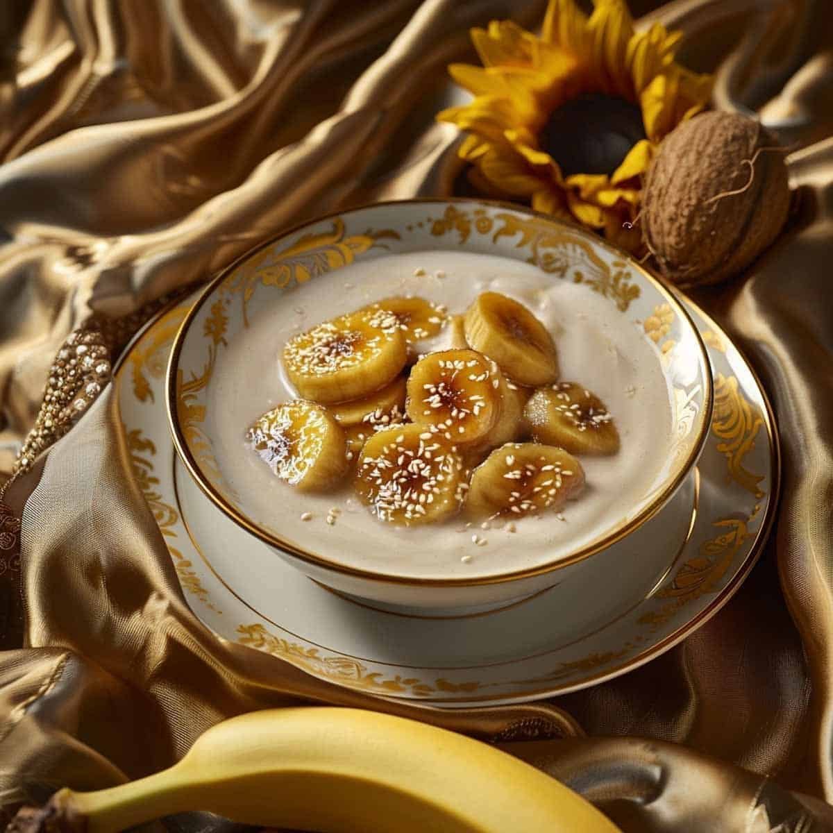 Bowl of bananas and coconut milk dessert on a gold tablecloth.