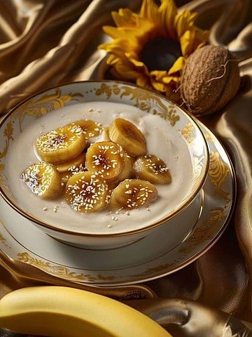 Bowl of bananas and coconut milk on a gold tablecloth.