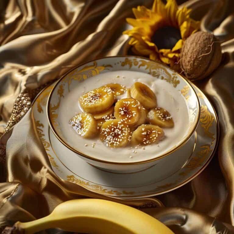 Bowl of bananas and coconut milk on a gold tablecloth.