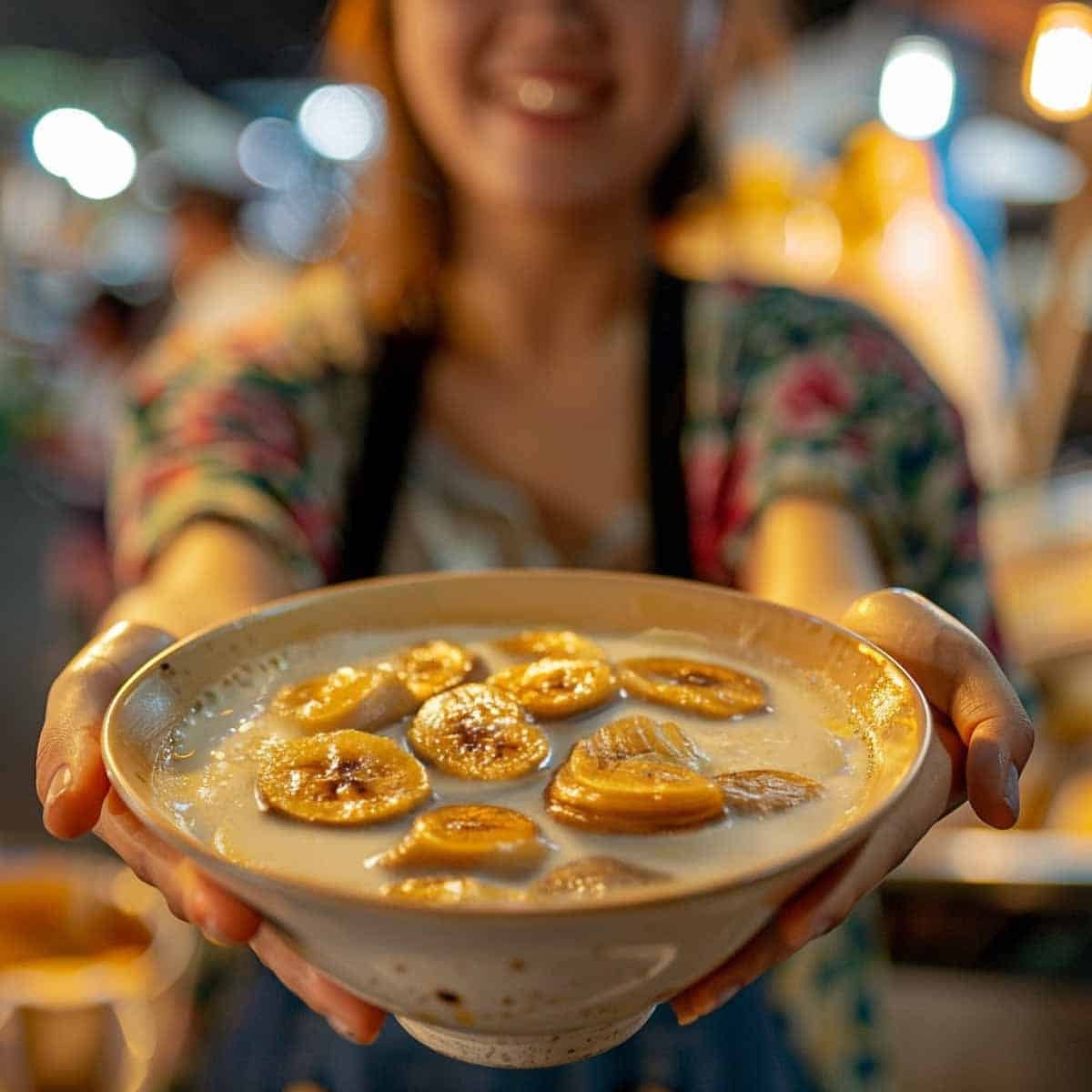 Thai woman serving a bowl of Bananas in Coconut Milk Dessert (Kluay Buat Chee) at night market.