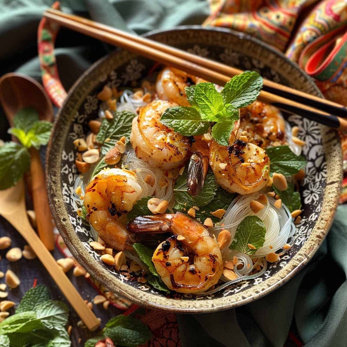 Yum Woon Sen glass noodle salad topped with grilled shrimp and chopsticks elegantly placed on the bowl, showcasing a vibrant Thai dish.