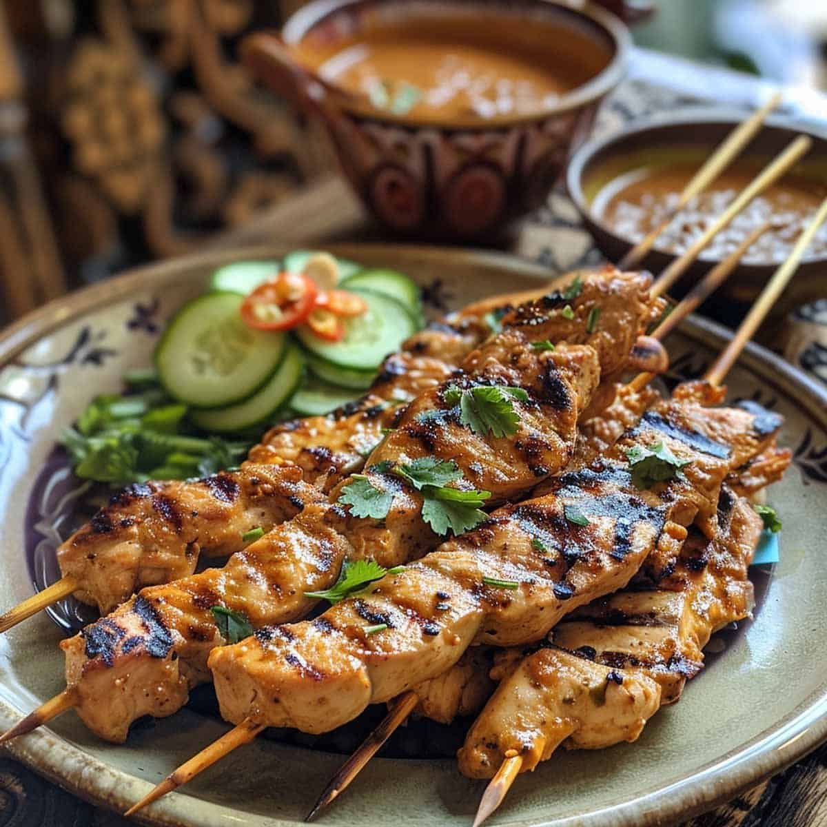 Plated Chicken Satay (Satay Gai) with tender chicken skewers, garnished with sesame seeds 