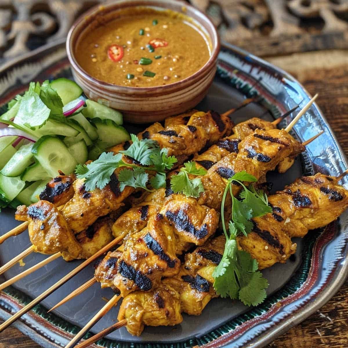 Plate of Thai Chicken Satay (Satay Gai) with peanut butter sauce, garnished with  cilantro