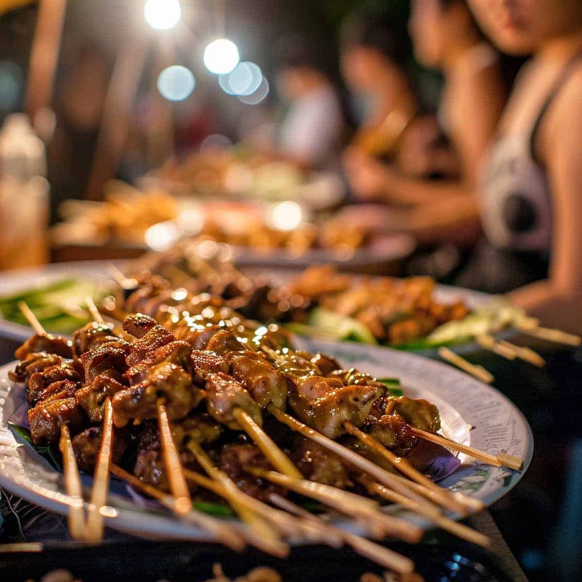 roup of friends enjoying Chicken Satay (Satay Gai) together, dipping skewers into peanut sauce at a vibrant night market