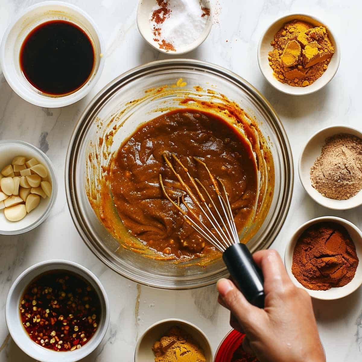 Preparing marinade for Chicken Satay (Satay Gai): mixing soy sauce, lemongrass, garlic, lime juice, and coconut milk in a bow