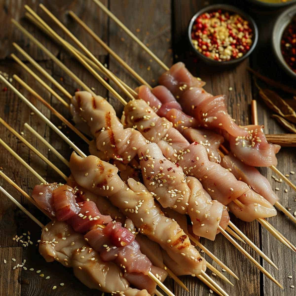 Chicken skewers ready for grilling, marinated and skewered 