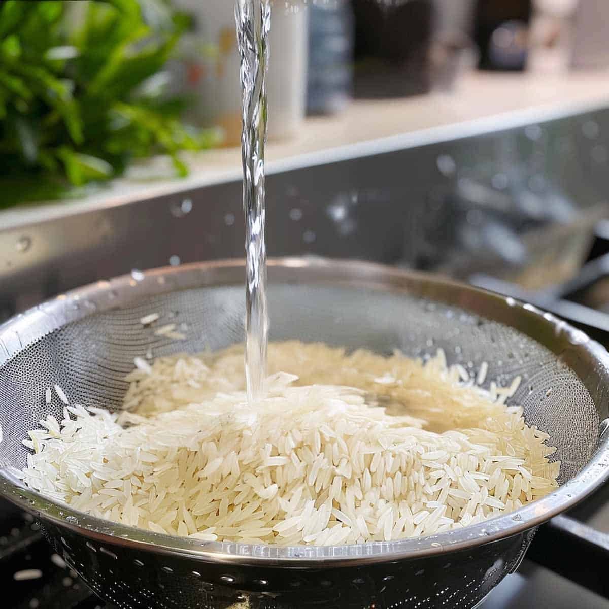 Rinsing rice under running water in a colander