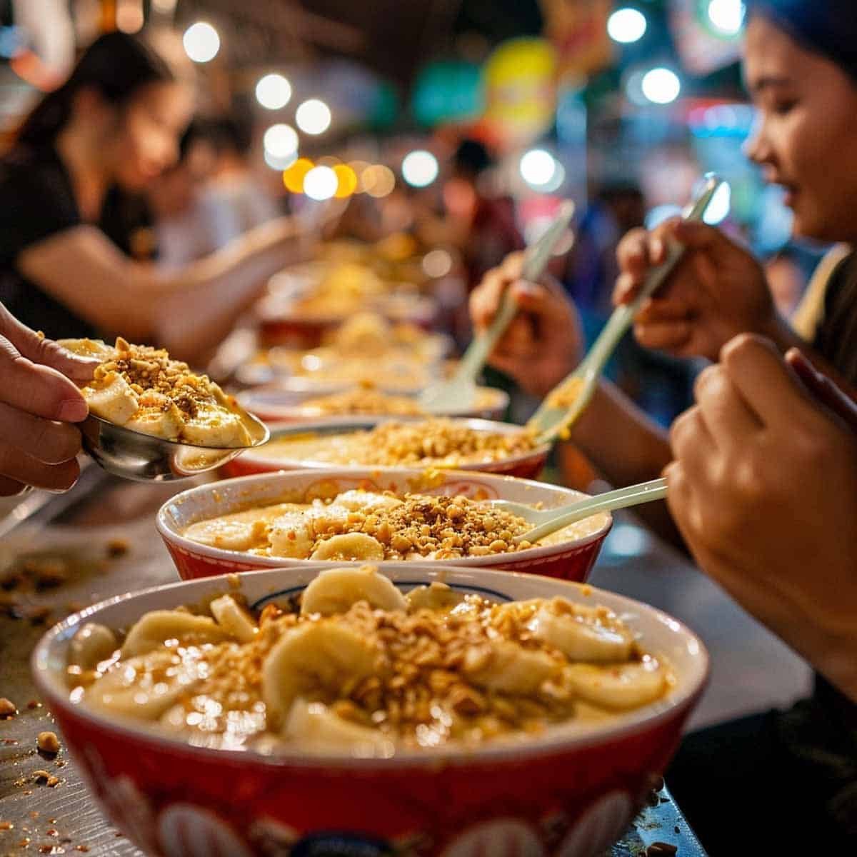 Bowl of Bananas in Coconut Milk dessert (Kluay Buat Chee) being served at a night market.