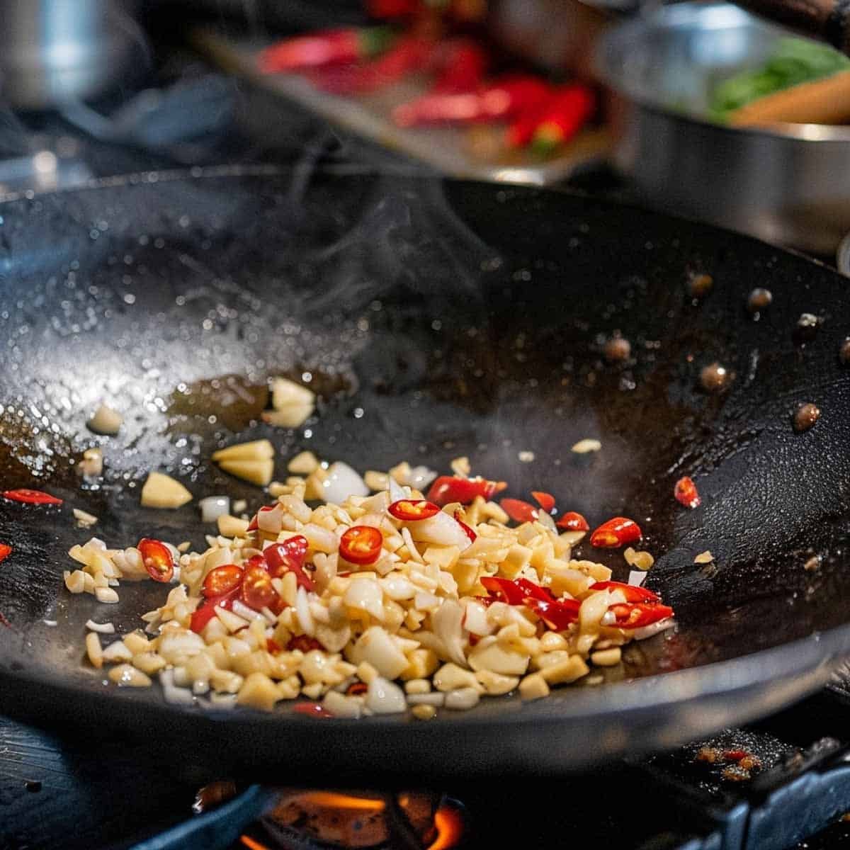 Garlic and chili cooking in a pan with hot oil, sizzling and aromatic