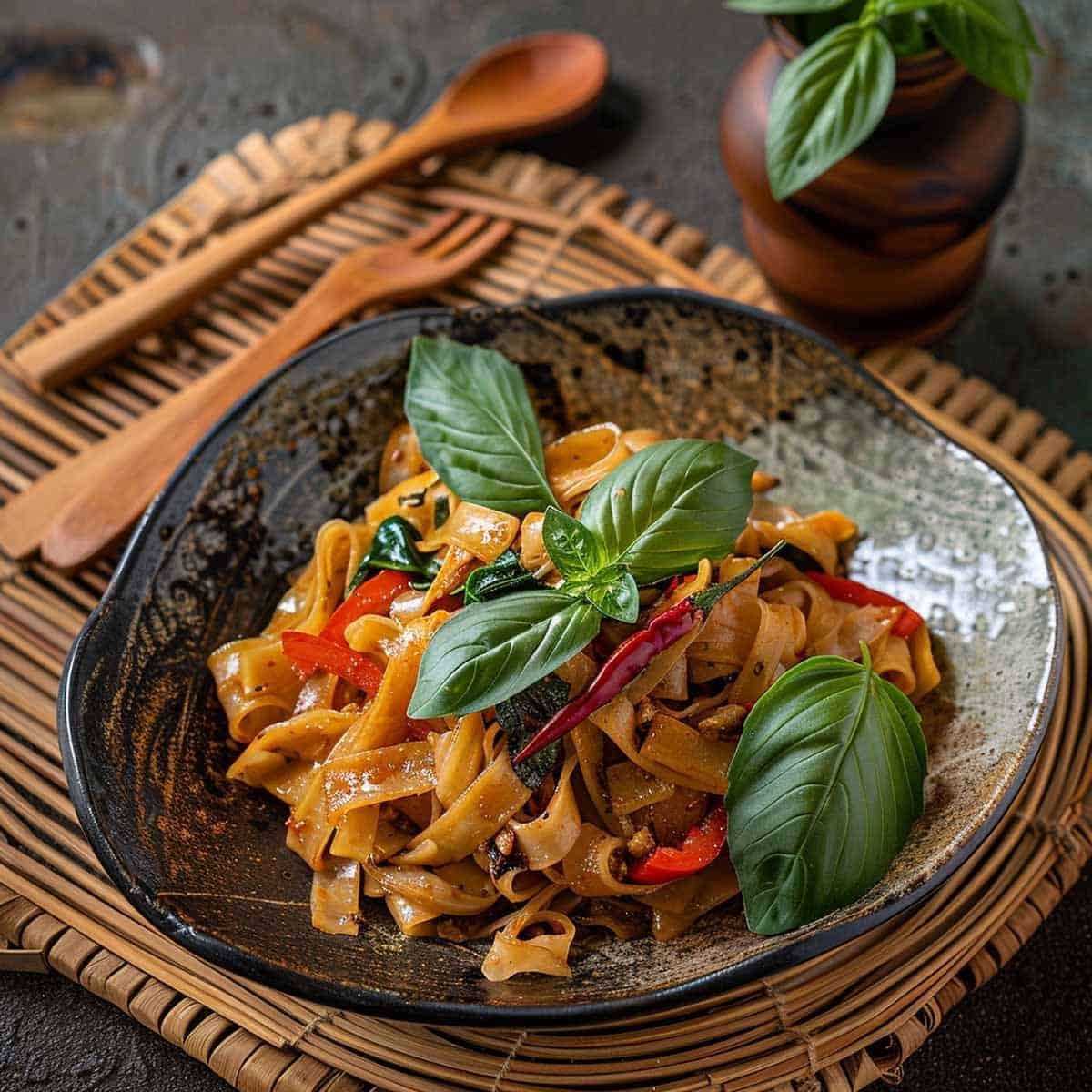 A bowl of Pad Kee Mao with basil and lime on a bamboo mat