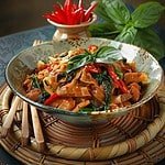 A bowl of Drunken Noodles or Pad Kee Mao with basil and lime on a bamboo mat