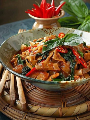 A bowl of Drunken Noodles or Pad Kee Mao with basil and lime on a bamboo mat