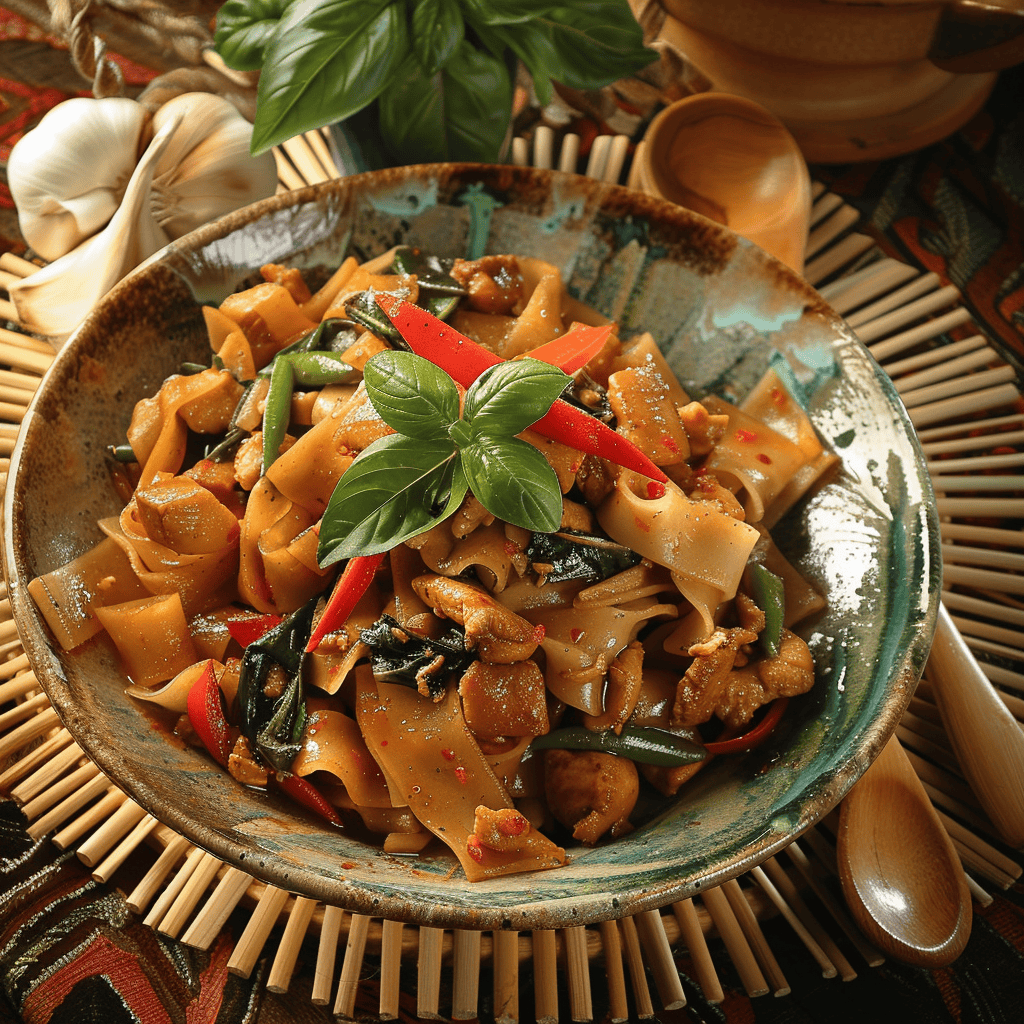 A bowl of Drunken noodles or Pad Kee Mao with basil and lime on a bamboo mat