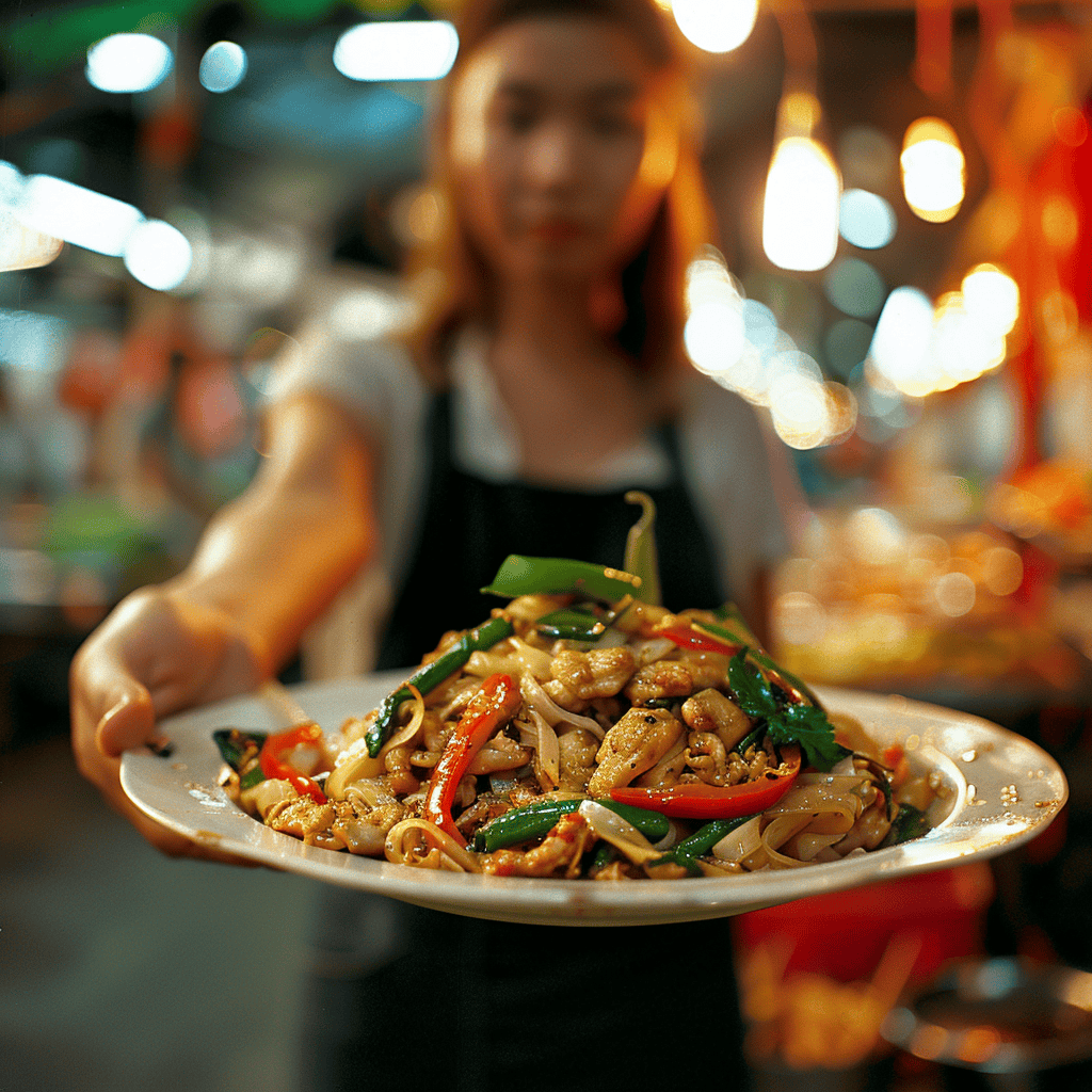 A woman serving Drunken Noodles or Pad Kee Mao at a vibrent night market
